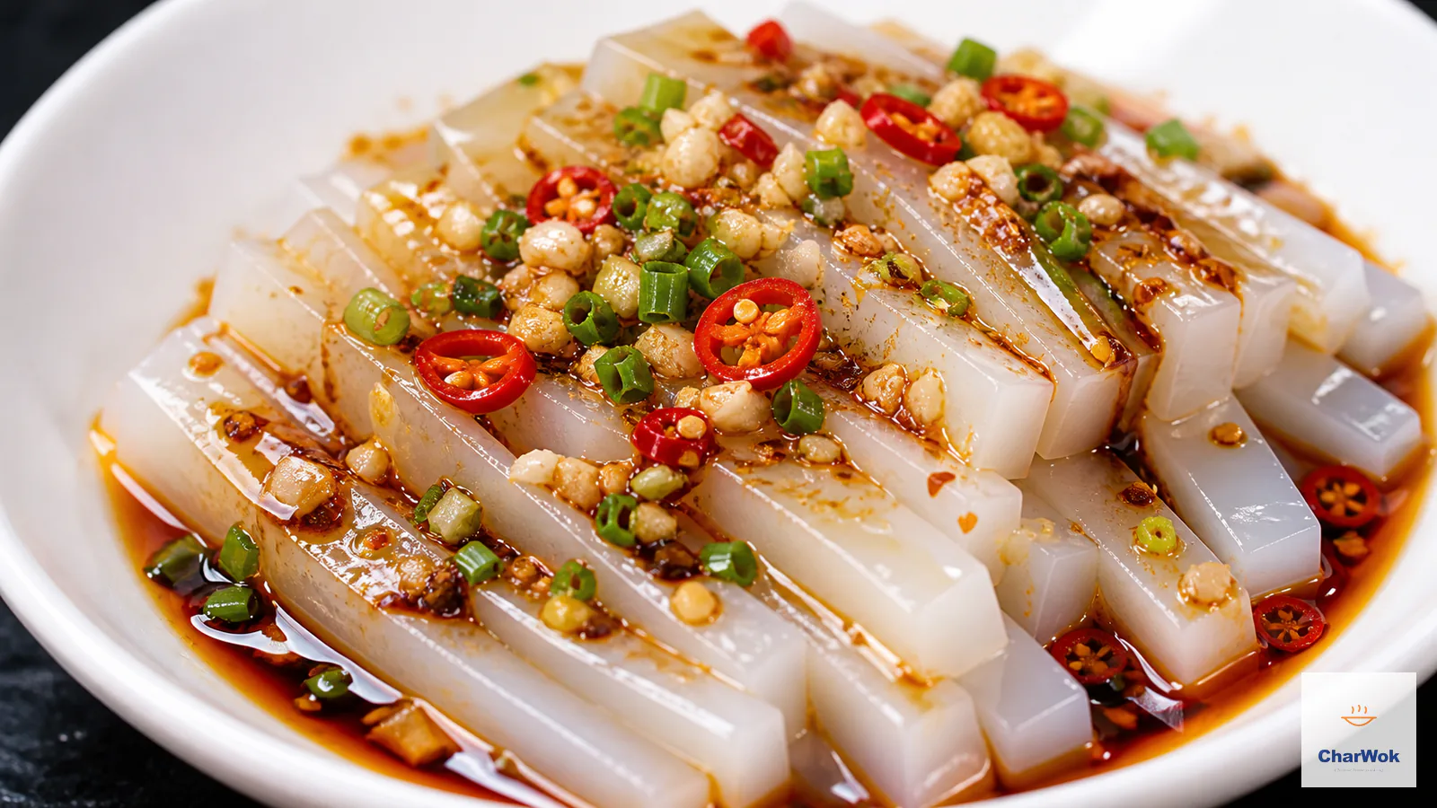 Cold translucent mung bean jelly ribbons coated with garlic, chili oil, soy and vinegar, topped with scallions and fresh red chili