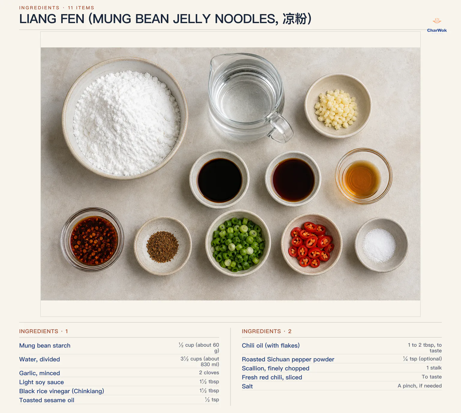 Ingredients for Liang Fen (Mung Bean Jelly Noodles, 凉粉), arranged in a top-down flat lay