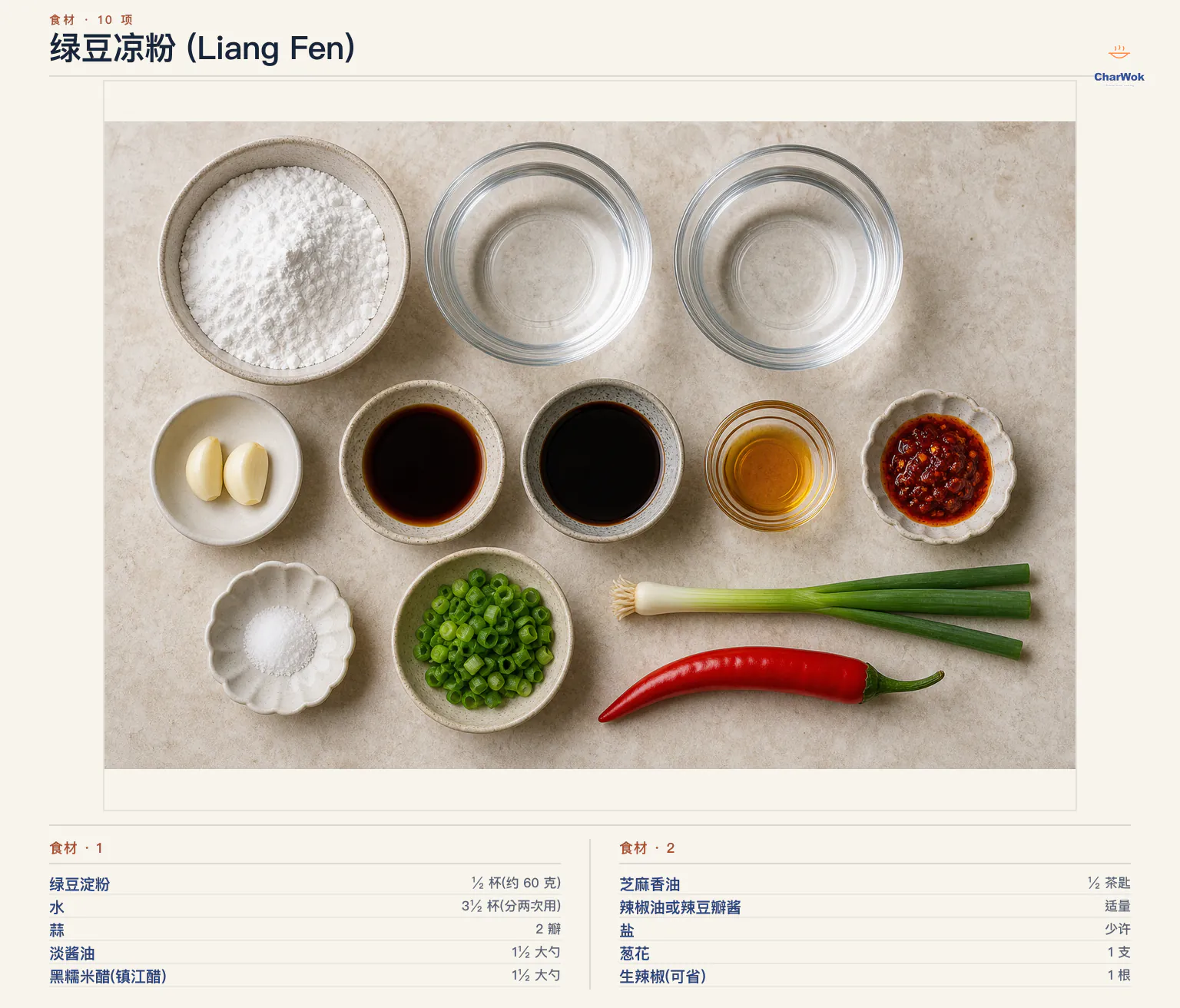 绿豆凉粉 (Liang Fen)完整食材俯拍平铺图