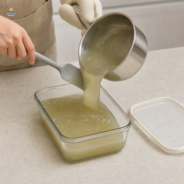 Hot translucent mung bean paste is scraped into a rectangular glass container while its lid rests separately on the counter