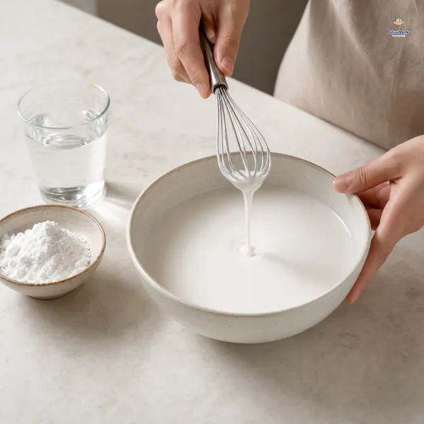A whisk lifts a smooth ribbon of milky mung bean starch slurry from a ceramic bowl beside cold water and a small bowl of dry starch