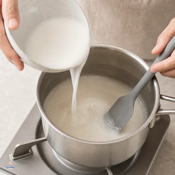 Milky mung bean slurry pours in a thin stream into a saucepan while a silicone spatula stirs and scrapes the pale mixture over low heat