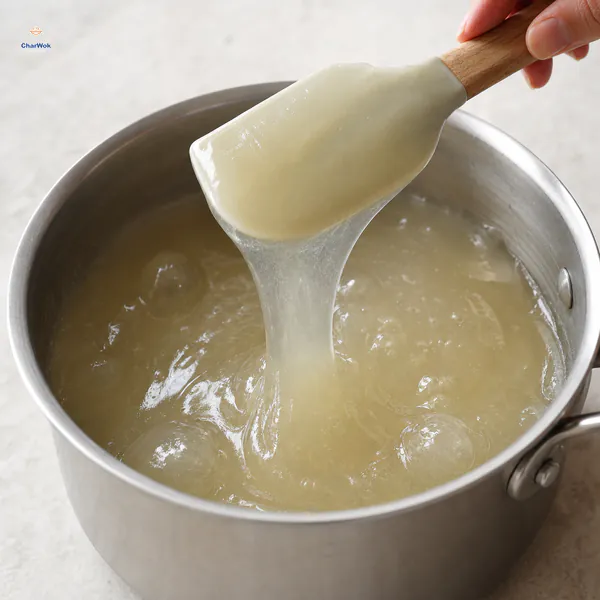 Glossy translucent mung bean paste falls from a raised spatula in a slow heavy ribbon above a saucepan with a few large bubbles