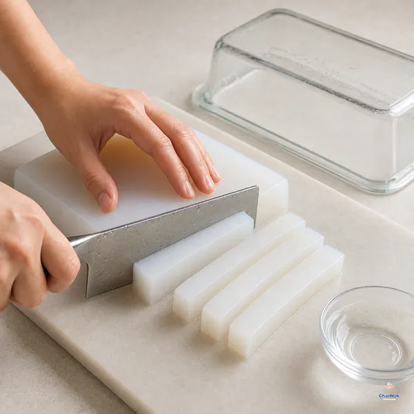 A wet flat knife cuts an unmolded firm white translucent mung bean jelly block into even finger-width strips beside the empty glass mould