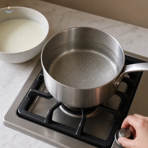 Tiny bubbles cover the bottom of a saucepan while the water surface remains calm beside a bowl of prepared white starch slurry