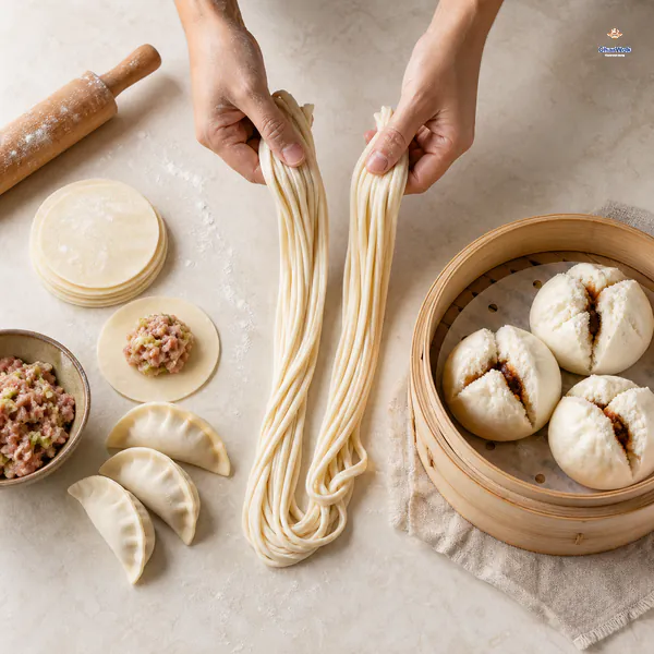 Hands stretch long wheat noodles between dumpling wrappers and folded dumplings on one side and open-topped char siu bao in a bamboo steamer on the other