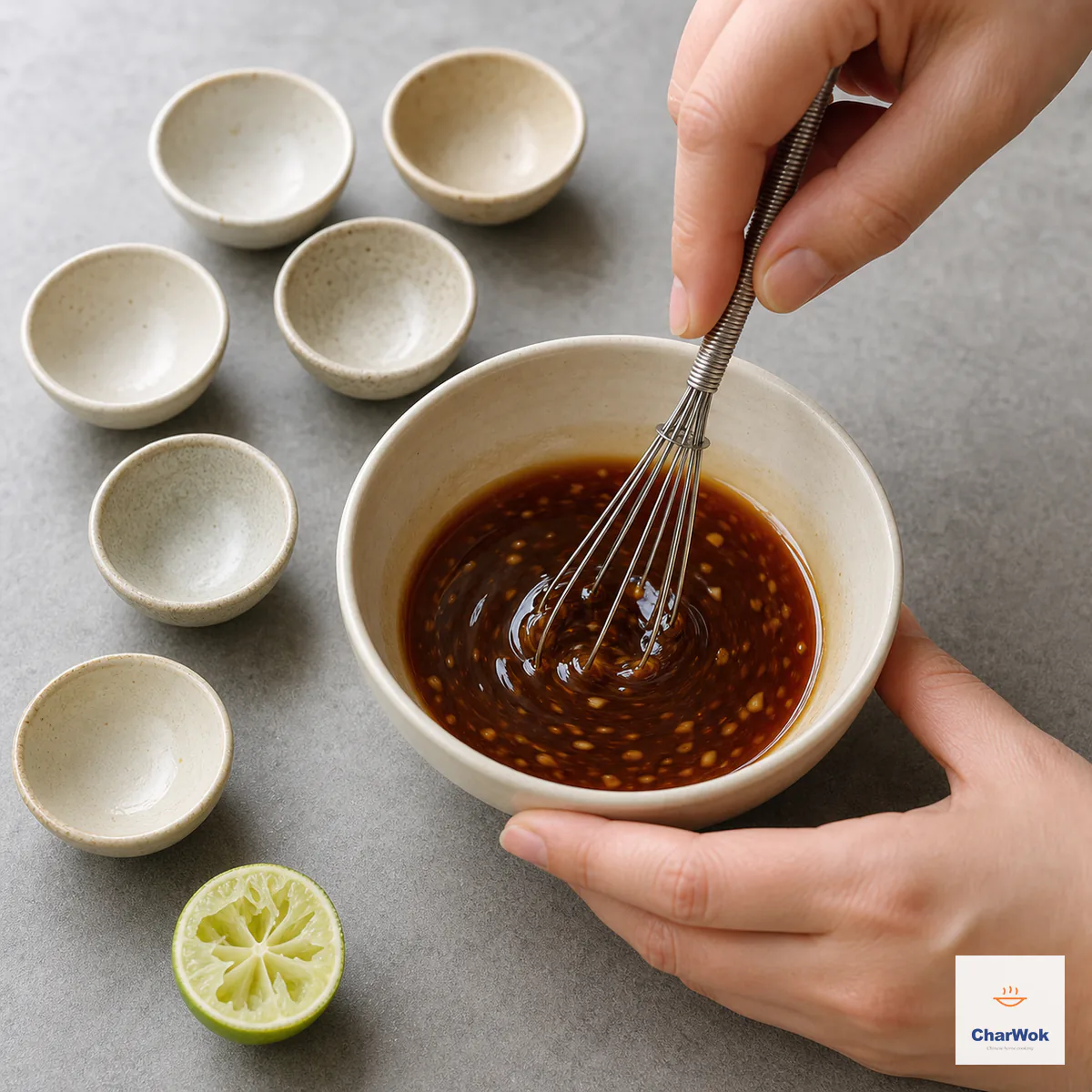A small whisk stirs soy, black rice vinegar, lime, sugar, sesame oil, and minced garlic into a smooth glossy dressing with no visible sugar crystals