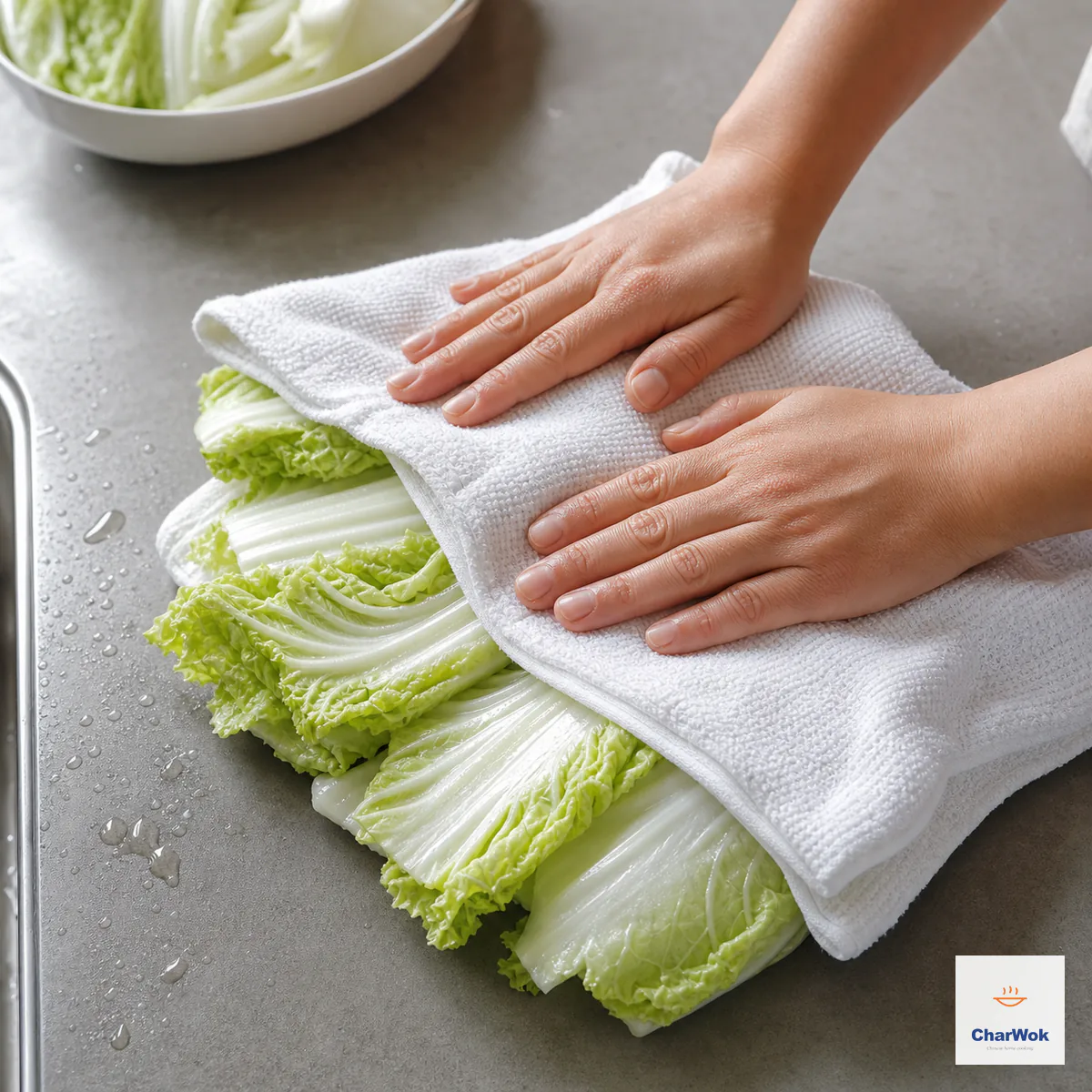 Two hands press separated rinsed Napa cabbage leaves completely dry between a clean white kitchen towel beside a few sink-side water droplets