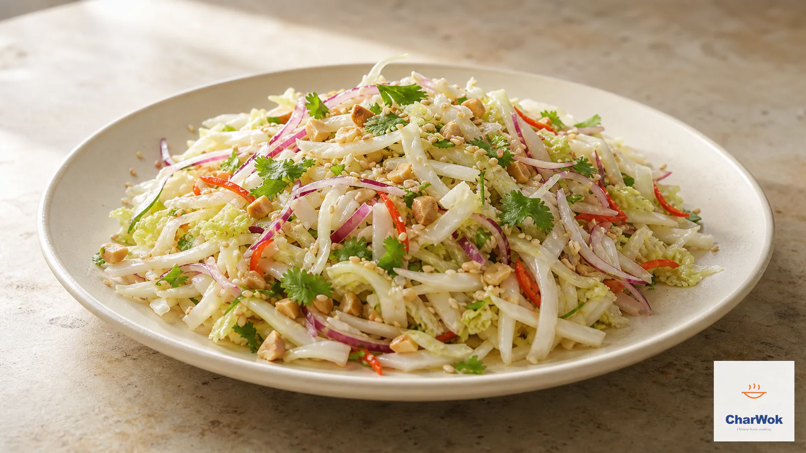 Freshly tossed Chinese Napa cabbage salad with crisp pale stem strips, red chili, red onion, cilantro, roasted peanuts, and white sesame on an ivory plate