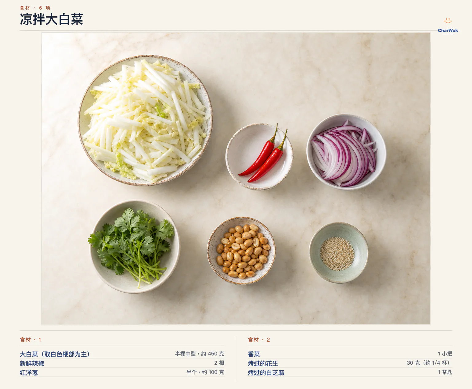 凉拌大白菜简中食材图:半棵约 450 克大白菜、2 根新鲜辣椒、半个约 100 克红洋葱、1 小把香菜、30 克烤花生与 1 茶匙烤白芝麻