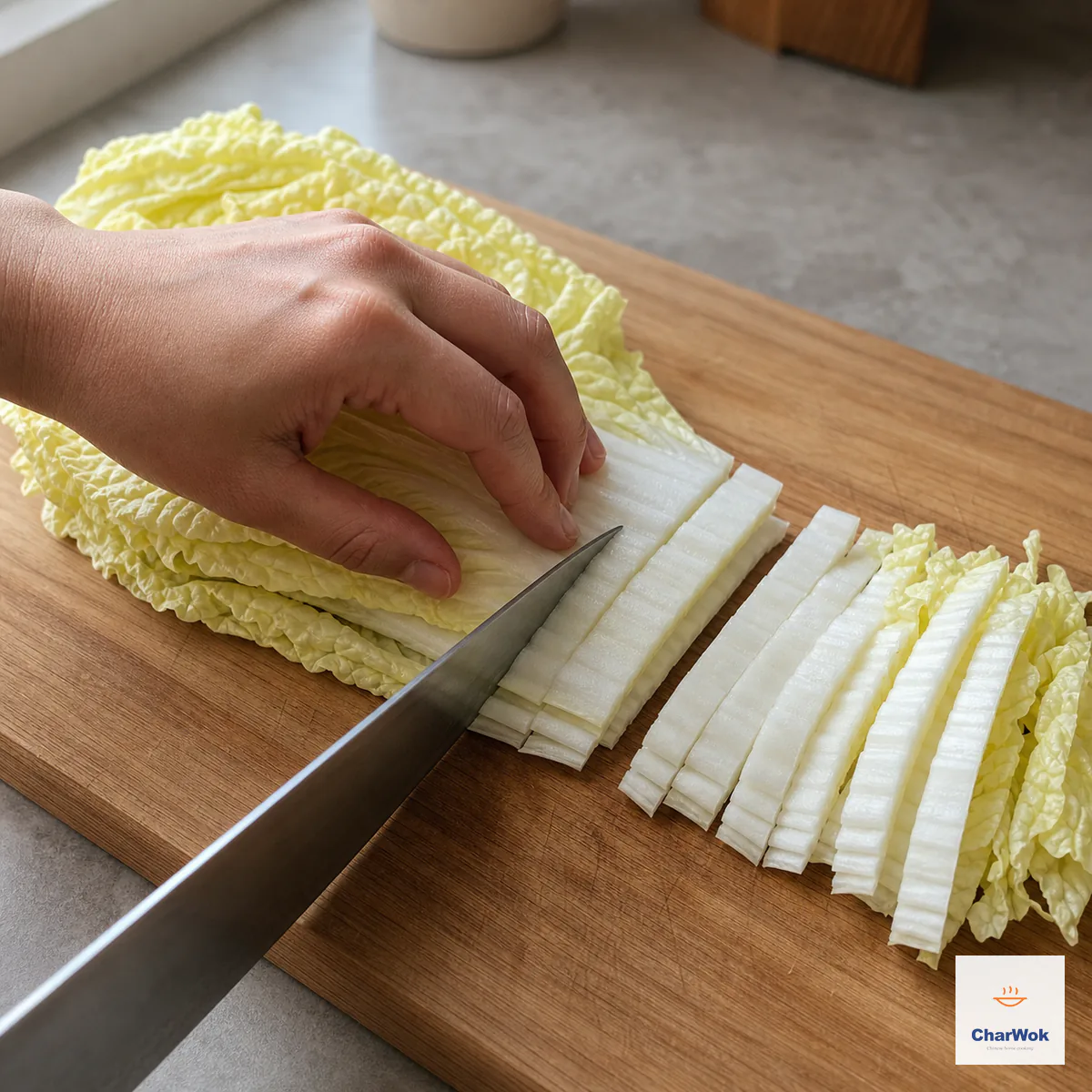 A chef knife cuts a flat stack of dry Napa cabbage leaves crosswise into even four-millimeter strips, with the pale crunchy stems facing the cook