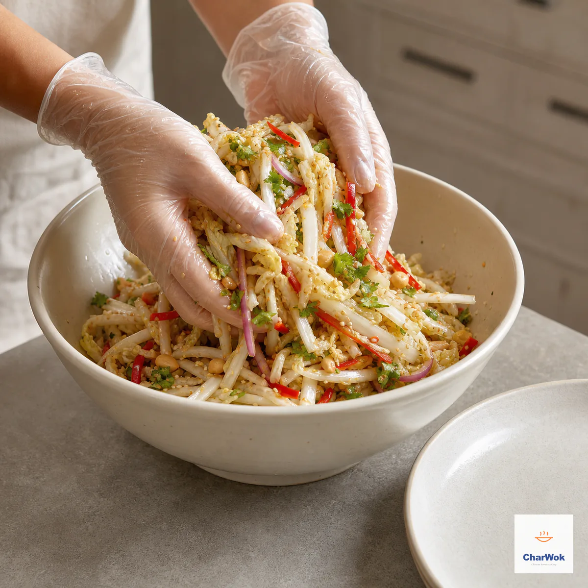 Gloved hands lift and gently rub crisp cabbage, chili, onion, cilantro, peanuts, and sesame in a wide bowl with a thin clinging dressing and no pool below