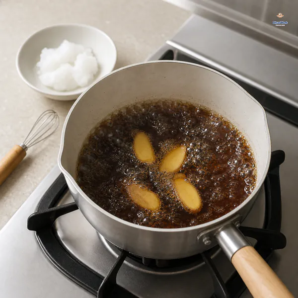 Dark amber brown-sugar syrup boils vigorously around four ginger slices in a small saucepan beside coconut oil and a whisk