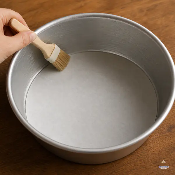 An empty round metal cake tin is brushed with a thin film of oil over a plain parchment circle fitted flat against its base