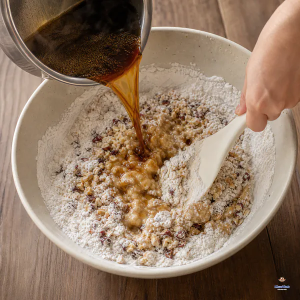 A continuous stream of hot amber syrup enters rice flour, chopped jujubes and walnuts while a spatula presses translucent sticky clumps together