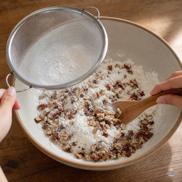 A fine sieve holds the last rice-flour clumps above a large bowl while chopped jujubes and walnuts are folded through the dry flour
