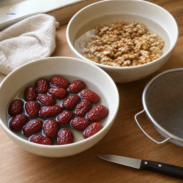 Whole red jujubes and walnut halves soak separately under clear water beside a fine strainer and small knife