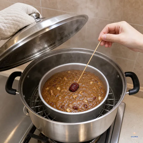 A single bamboo skewer checks the centre of a brown nian gao with one central jujube as its tin steams above water on a metal rack