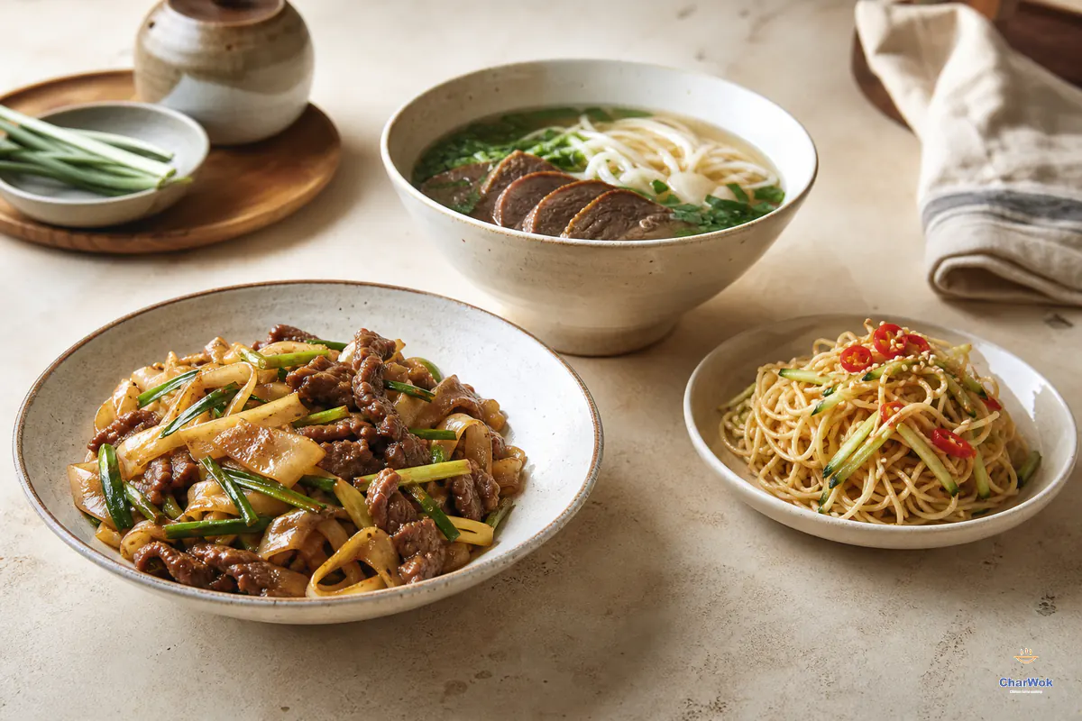 Three Chinese noodle dishes: beef chow fun, beef noodle soup and Sichuan cold noodles