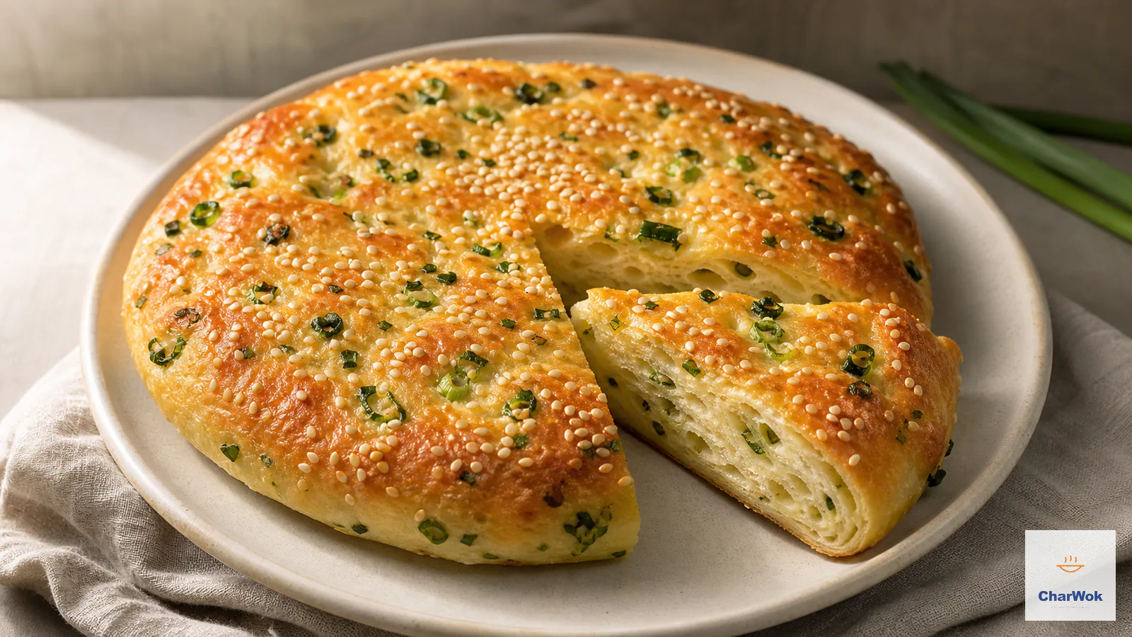Round oven-baked scallion bread with a deeply golden sesame crust and visible spiral layers