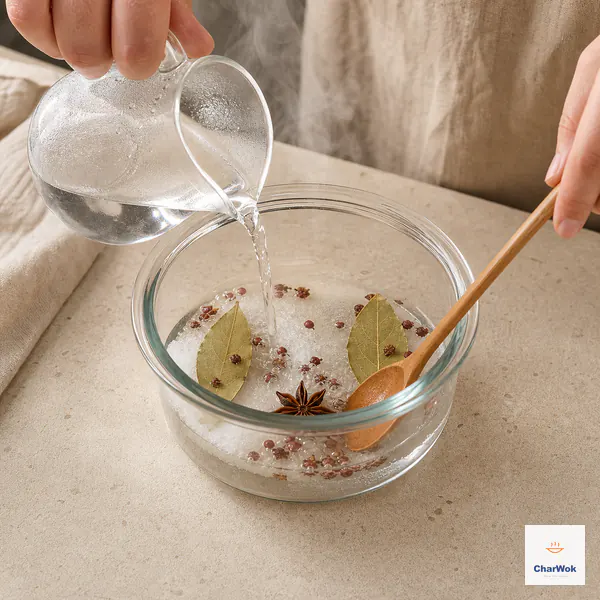 A shallow stream of steaming hot water dissolves salt and sugar around Sichuan peppercorns, two bay leaves, and one star anise in a glass container