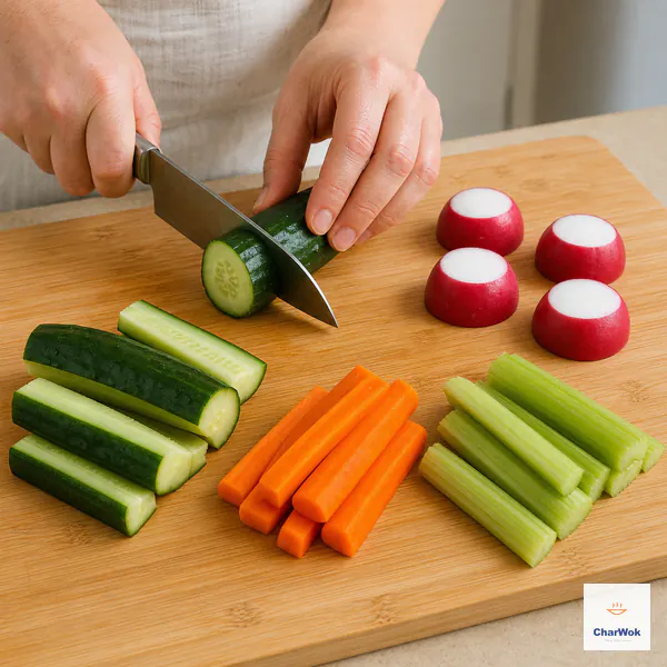 A cook cuts cucumber into thick finger-length sticks beside chunky carrot and celery sticks and four three-dimensional red-radish halves