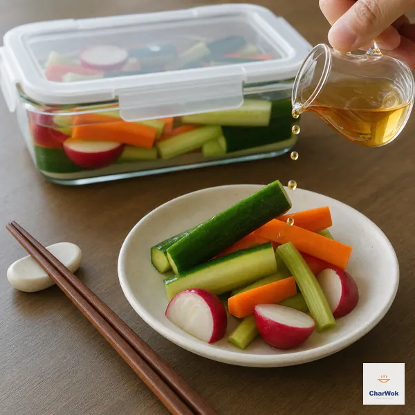 A few drops of toasted sesame oil fall onto a small served portion while the separate glass pickle container remains sealed behind it