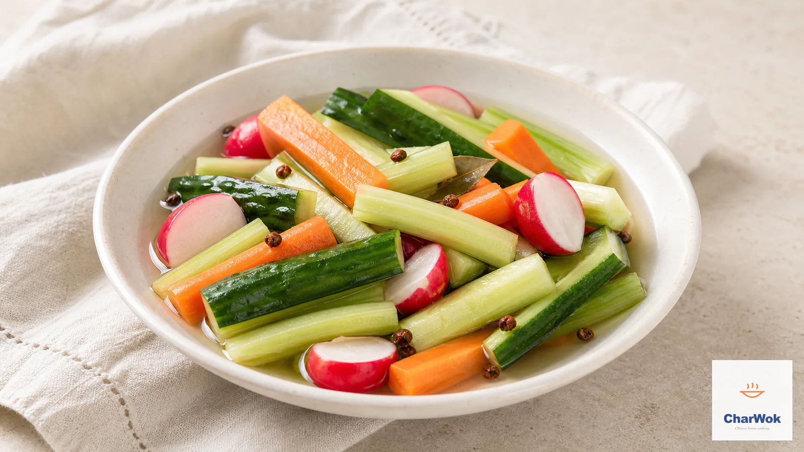 A shallow ivory bowl of crisp overnight-pickled cucumber, carrot, and celery sticks with halved red radishes in clear lightly spiced brine