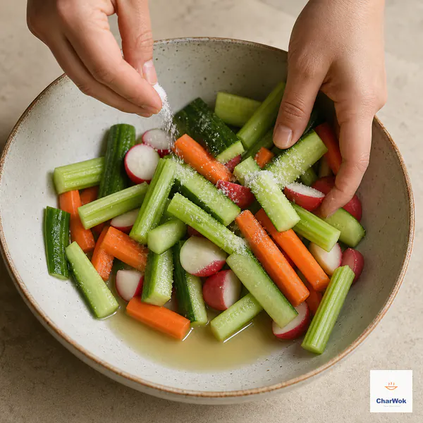 Fine salt falls over chunky raw vegetables in a wide bowl while a shallow puddle of released liquid collects at the bottom
