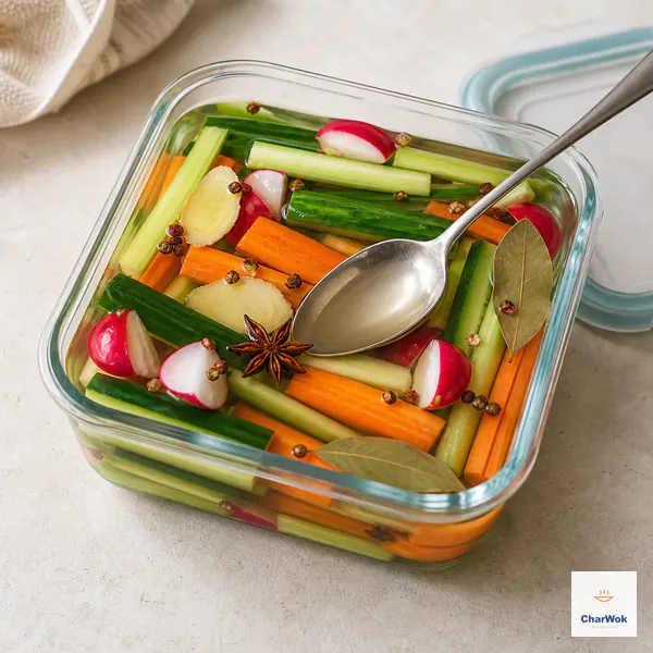 A clean spoon presses chunky vegetables fully below clear cold brine in a square glass container with the fitted lid nearby