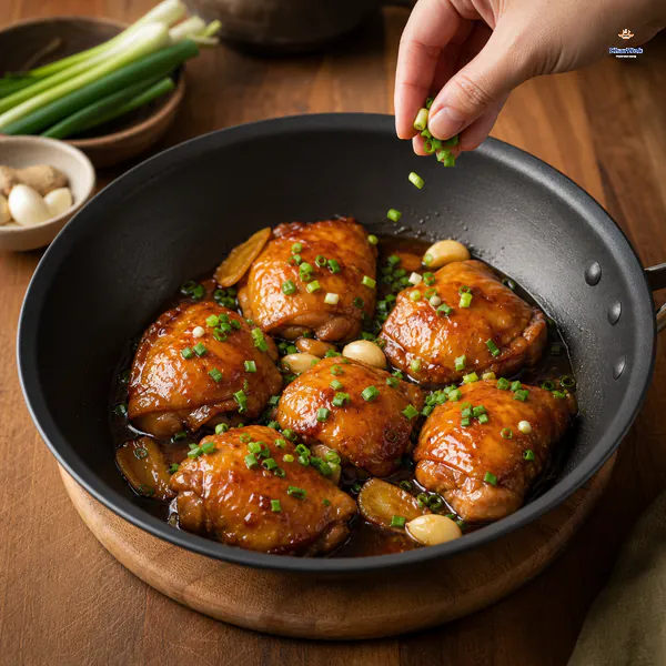 A hand scatters chopped scallions over six finished oyster sauce chicken thighs in a pan resting off the heat