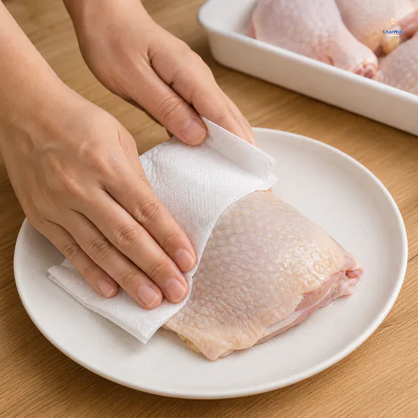 Hands press folded kitchen paper firmly over the skin of a raw bone-in chicken thigh on a clean plate