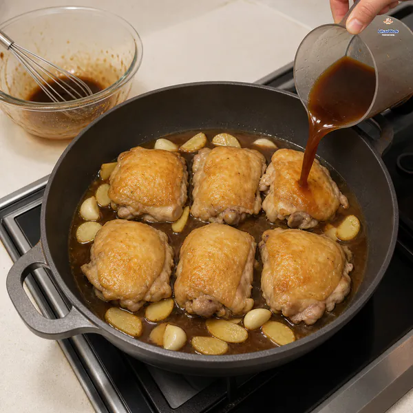 Dark oyster sauce braising liquid is poured around six browned chicken thighs with garlic and ginger in a wide pan