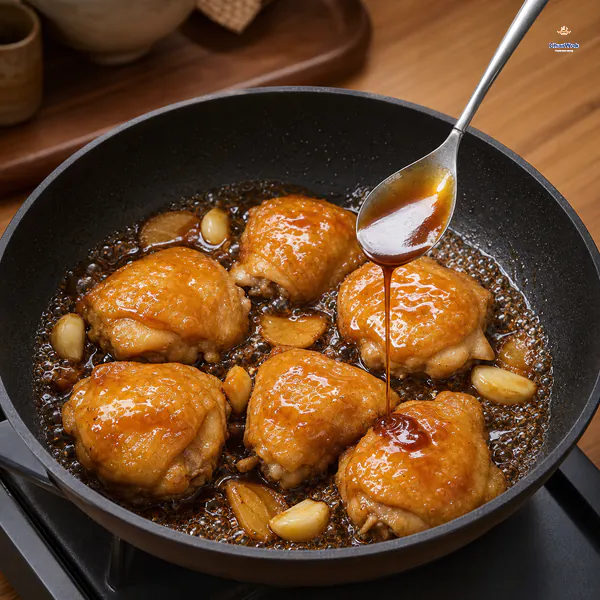 Six glazed chicken thighs boil in reduced oyster sauce while a spoon lifts a dark glossy layer that coats its back