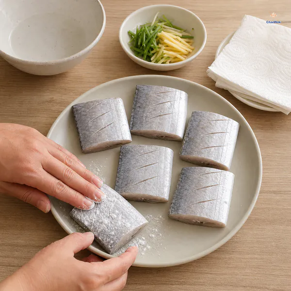 Marinated belt-fish sections are blotted dry and dusted with a very thin cornstarch coating beside removed aromatics and drained liquid