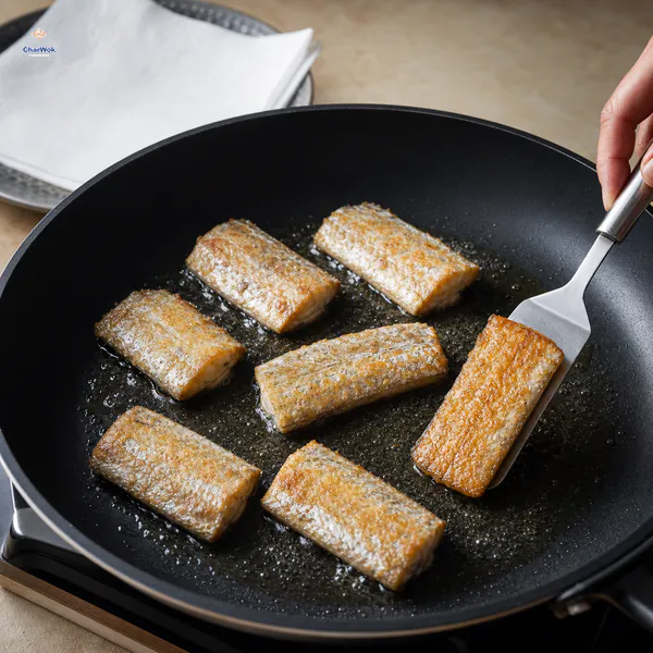 A spatula flips one of exactly seven deeply golden belt-fish sections once, with an empty paper-lined draining plate behind the pan