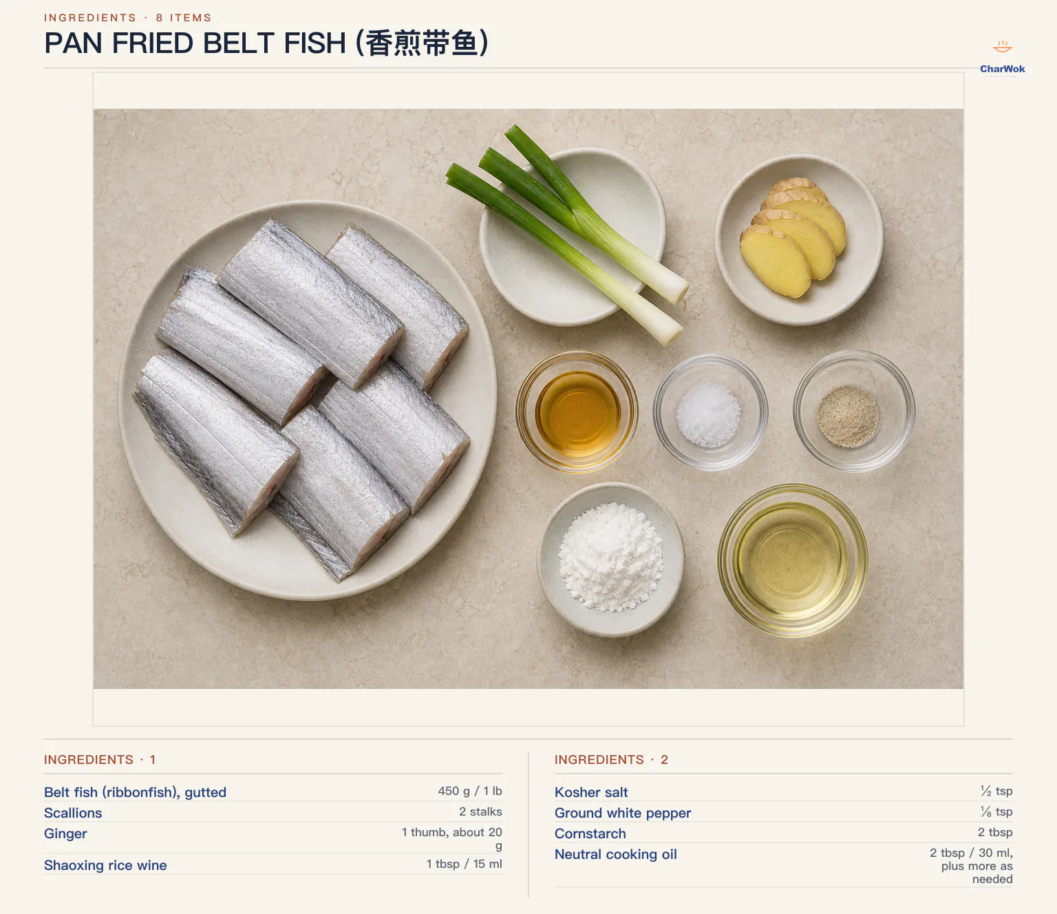 Ingredients for Pan Fried Belt Fish (香煎带鱼), arranged in a top-down flat lay
