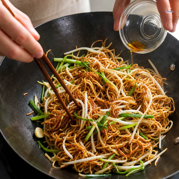 A nearly empty glass bowl drizzles sesame oil over glossy noodles, crisp bean sprouts and green scallion slivers during the final toss