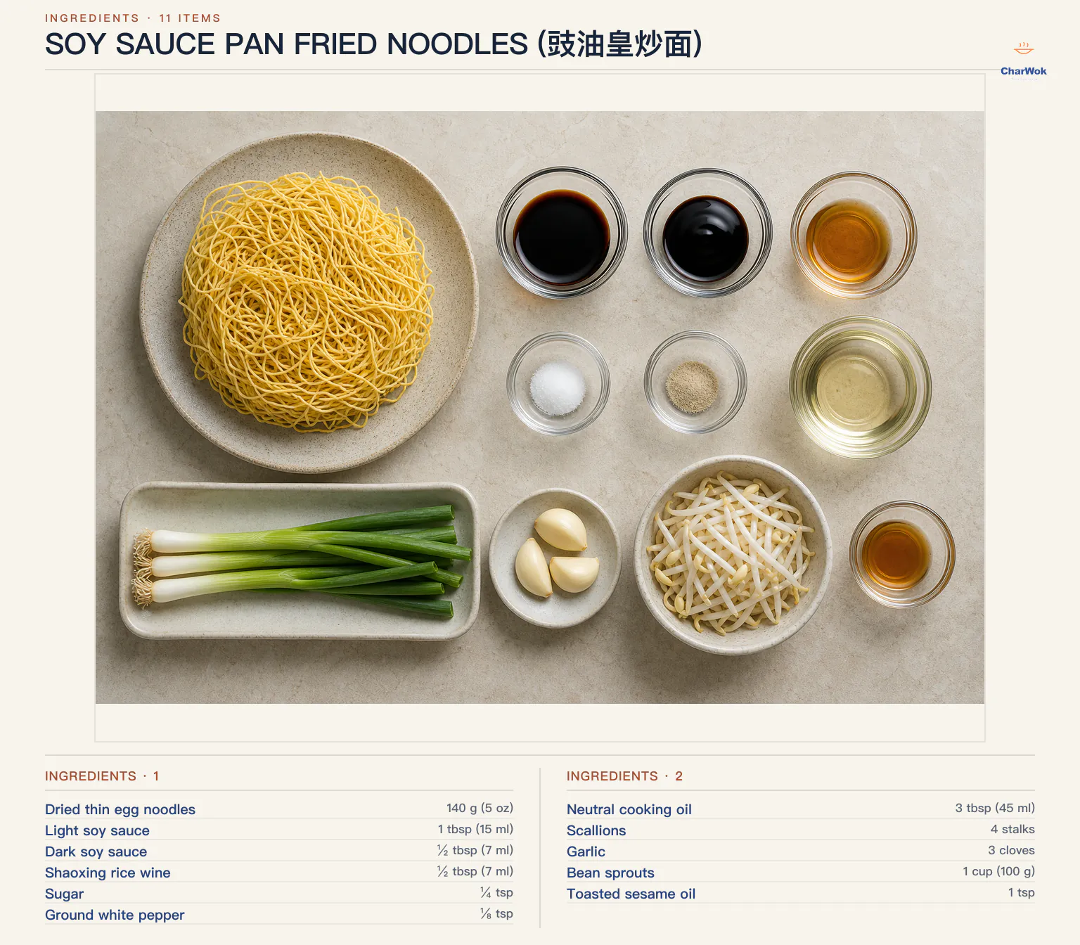 Ingredients for Soy Sauce Pan Fried Noodles (豉油皇炒面), arranged in a top-down flat lay