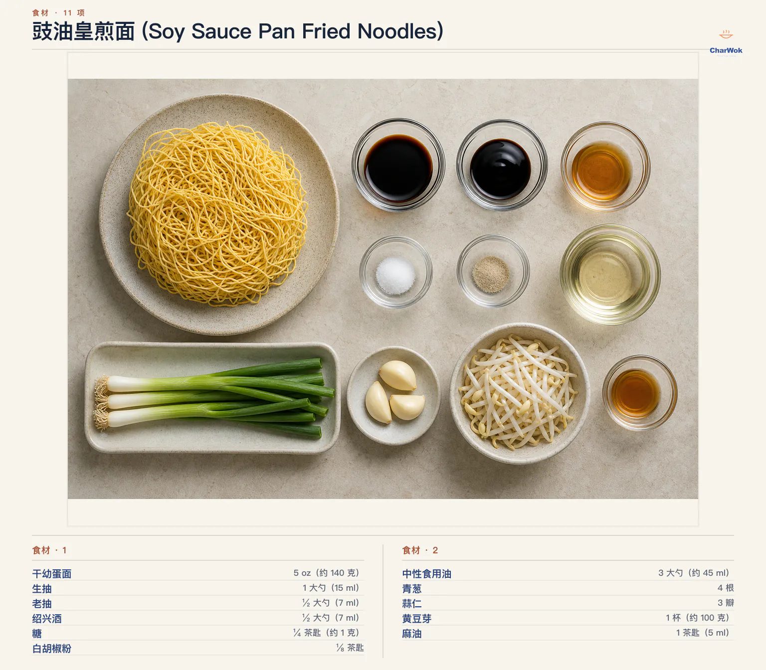 豉油皇煎面 (Soy Sauce Pan Fried Noodles)完整食材俯拍平铺图