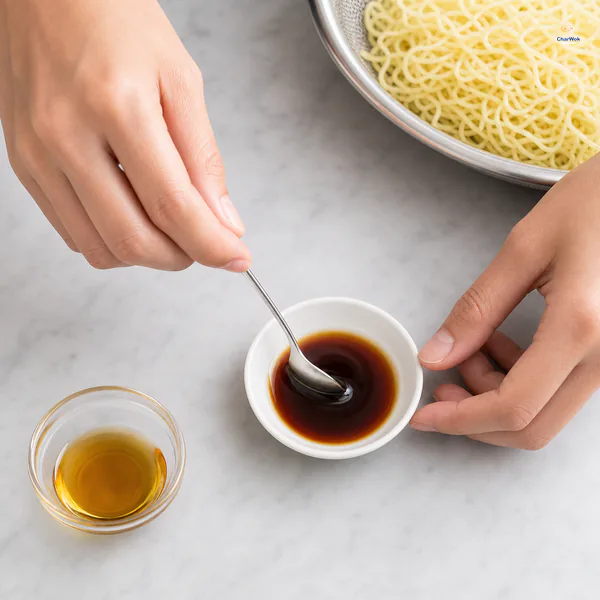 A spoon mixes a shallow two-serving soy and Shaoxing sauce in a small white dish while sesame oil remains separate in a glass bowl