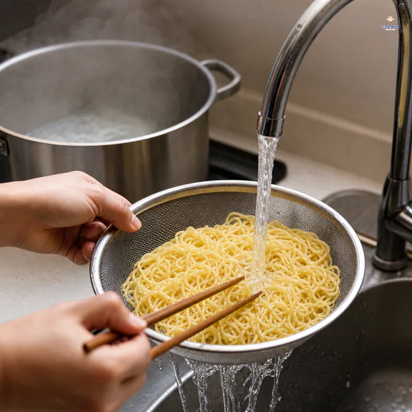 Thin egg noodles are rinsed under cold running water in a metal colander while chopsticks separate the strands