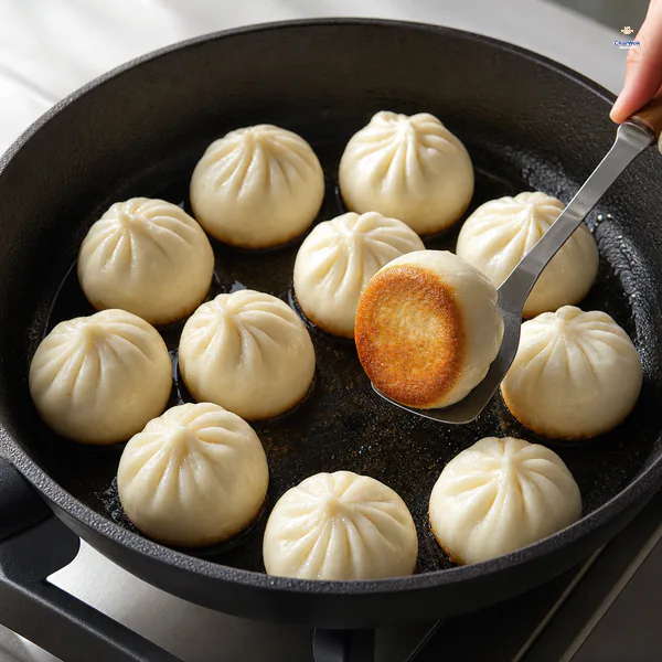 A thin spatula lifts one pork bun to reveal a thin evenly deep-golden bottom while the other buns remain upright in the pan