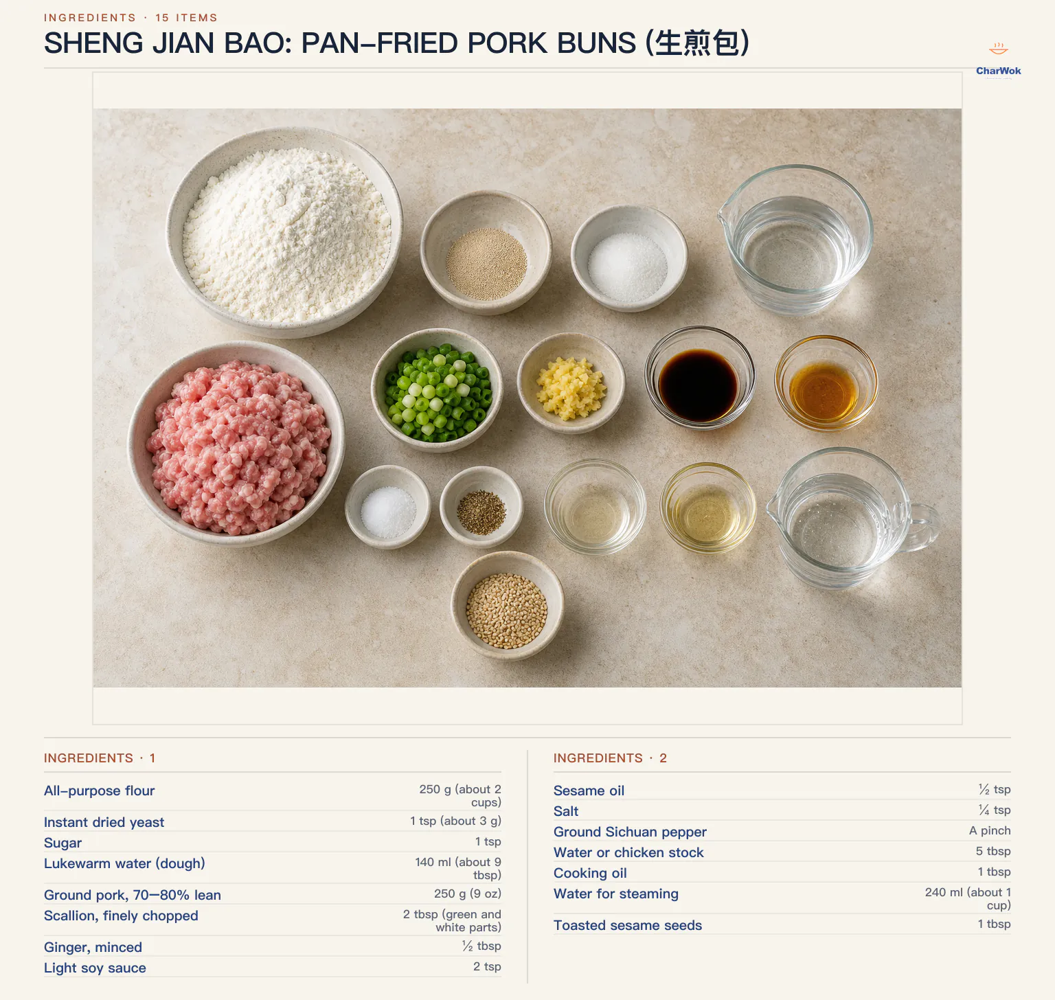 Ingredients for Sheng Jian Bao: Pan-fried pork buns (生煎包), arranged in a top-down flat lay