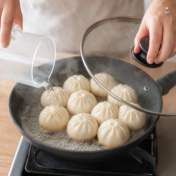 Hot water is poured around golden-edged pork buns as a glass lid is lowered over the steaming pan