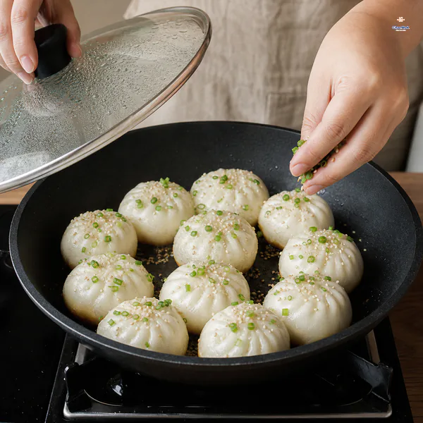 The condensed glass lid is lifted from puffed pork buns in a dry pan while white sesame and chopped scallion are sprinkled over the tops