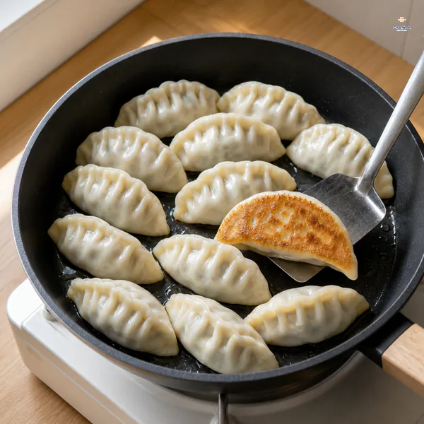 A spatula lifts one pork-and-chive dumpling to show an evenly deep-golden flat side while the others fry in a thin oil film