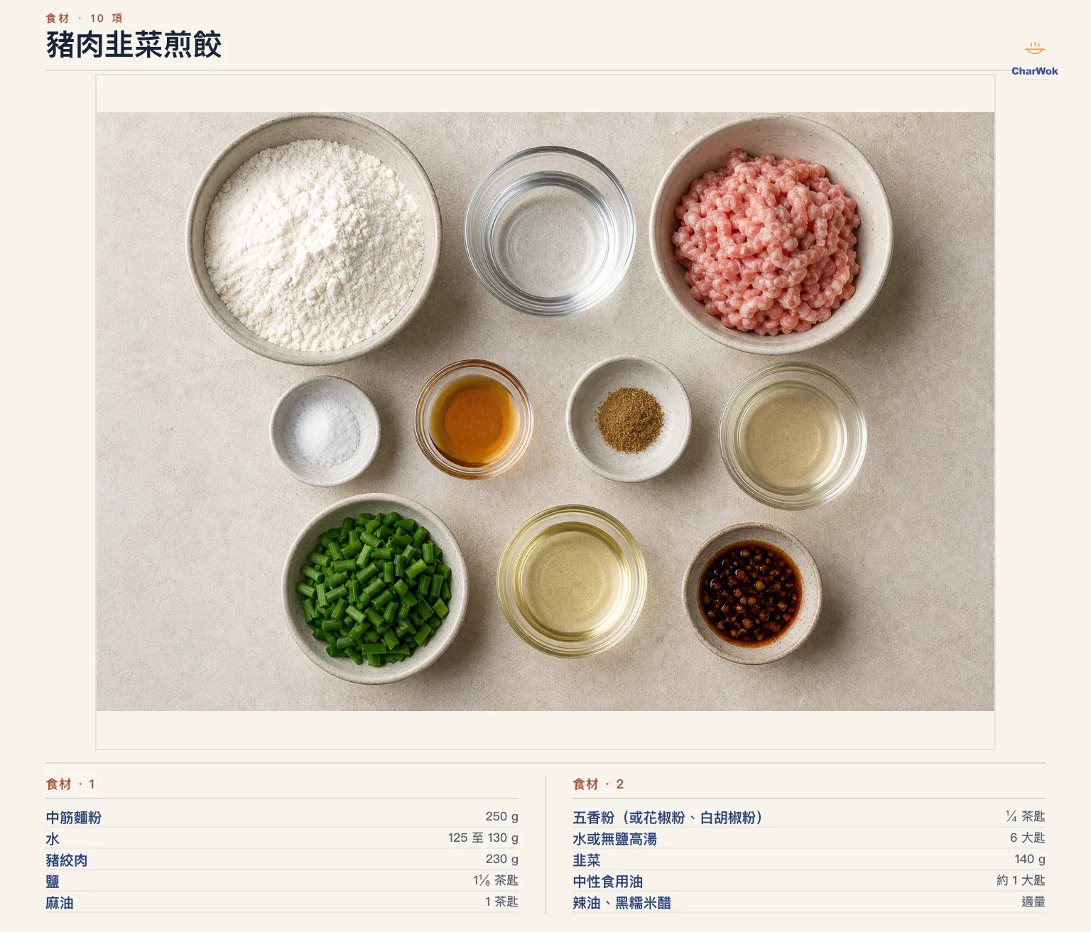 豬肉韭菜煎餃完整食材俯拍平鋪圖