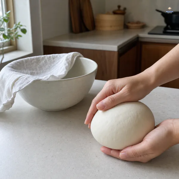 Two hands hold a smooth firm dumpling dough ball beside a covered mixing bowl