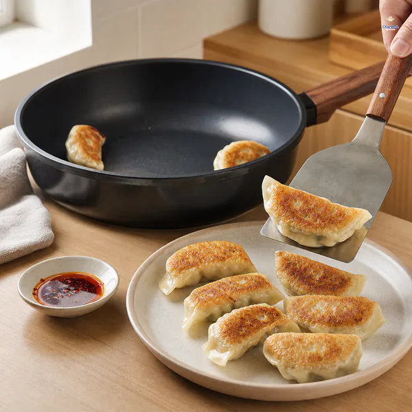 A thin spatula plates a pork-and-chive dumpling deep-golden side up beside more crisp dumplings and a small dipping sauce dish